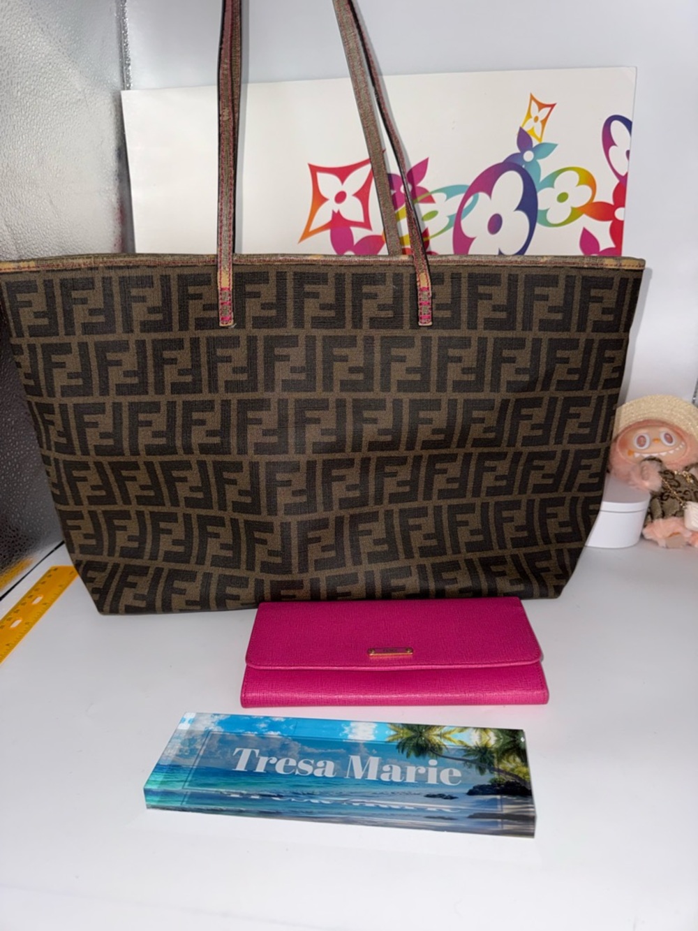 Fendi Brown FF Logo Tote Bag with Pink Wallet
